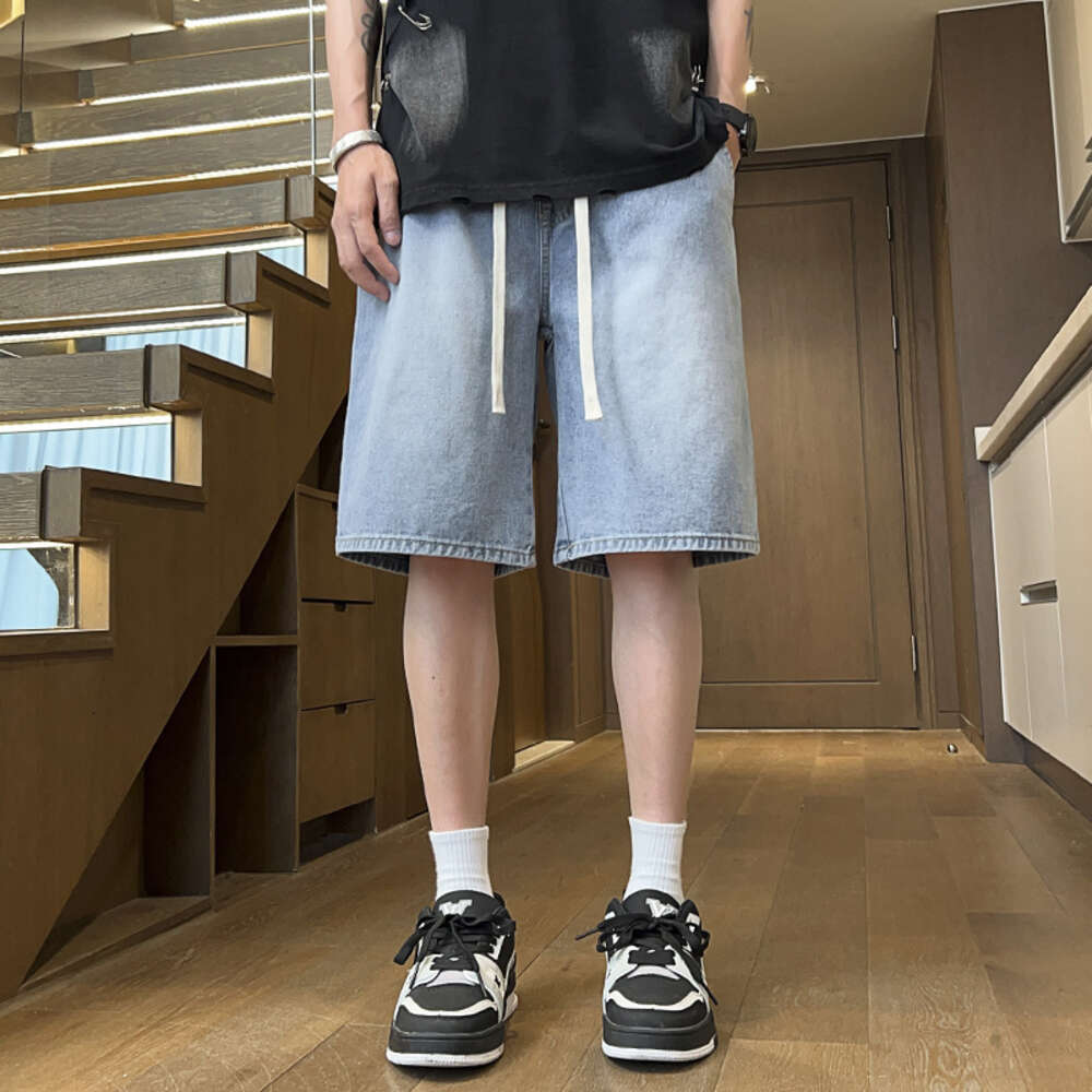 Boys' American Straight Leg Shorts Mens Summer Trendy Brand Pants 2024 New Loose Casual Denim Five Quarter Pants Bound Feet Jeans for Pregnant Wo