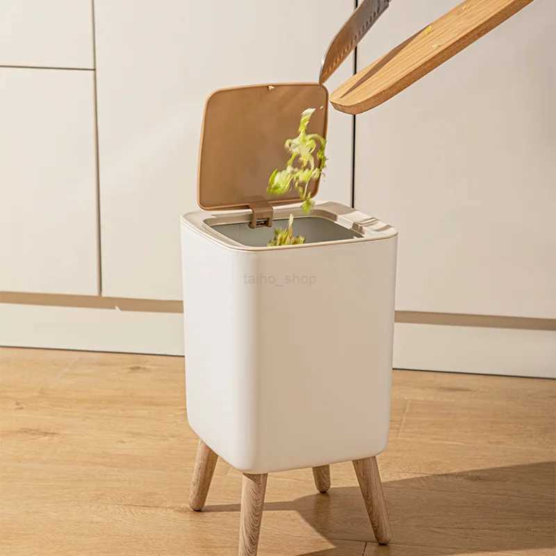 Trash can household log wind high foot with cover living room Kitchen bedroom Modern simple wood creative wastebasketB240726