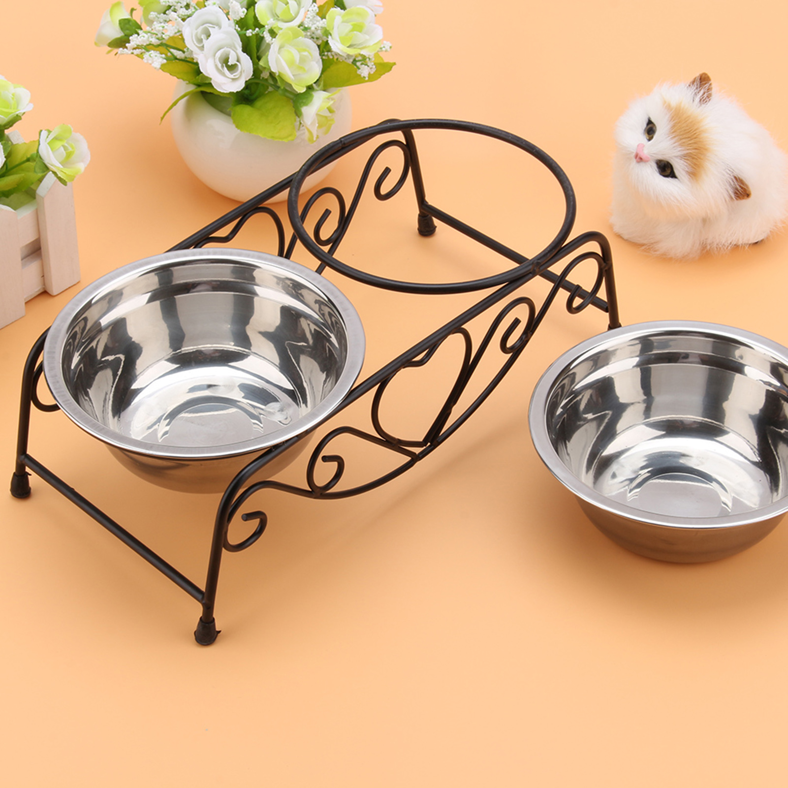 Cat Dog Feeding Supplies Double Pet Bowls Dog Food Water Feeder Stainless Steel Pet Drinking Dish Feeder with Shelf Stand