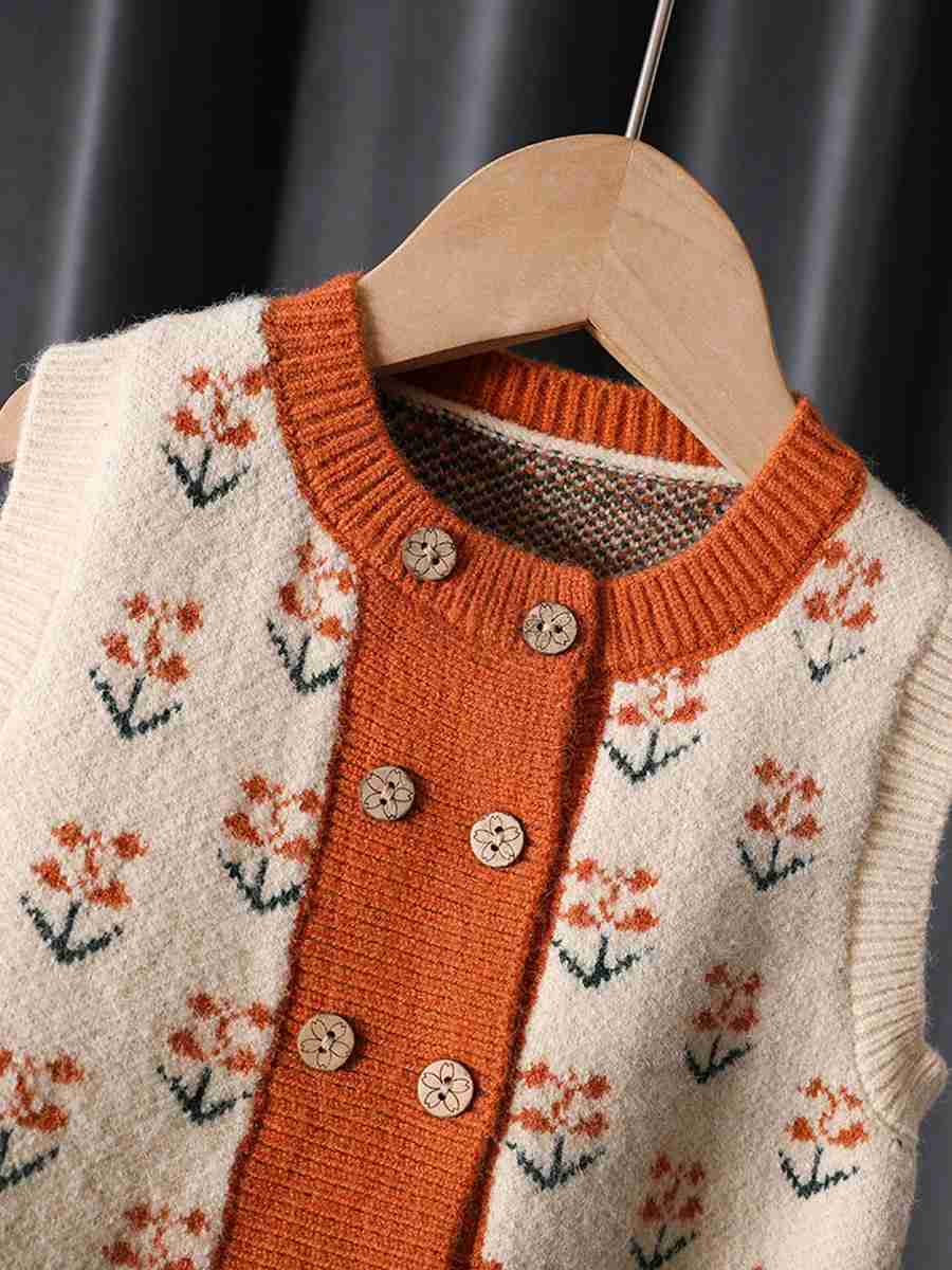 Korean New Children Sweater Vest O-Neck Double Breasted Floral Print Girls Knitted Waistcoat Casual All-Matched Kids TopsXJ240726
