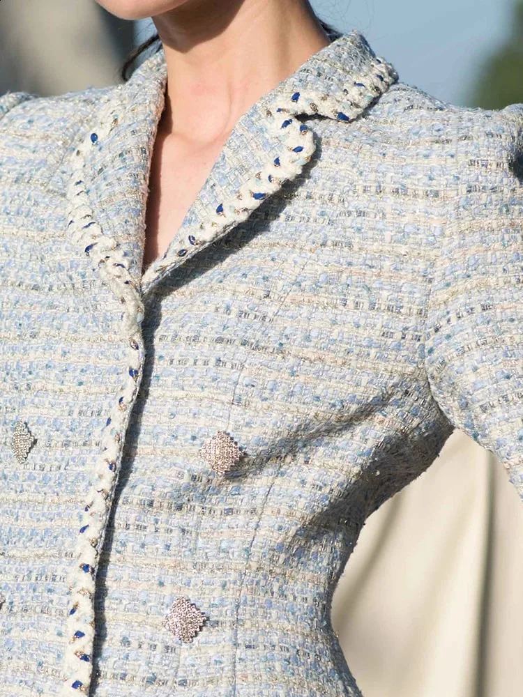 Light Blue tweed dress spring / autumn womens dress ladies slim bottoming dress one-piece 240717
