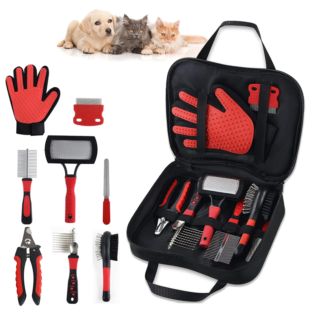 Others Dog Grooming Pet Cleaning Set Portable Cat Dog Grooming Tool Kit Dog Hair Removal Bursh Nail Clipper File Flea Combs Cat Hair Removal Mitts H25