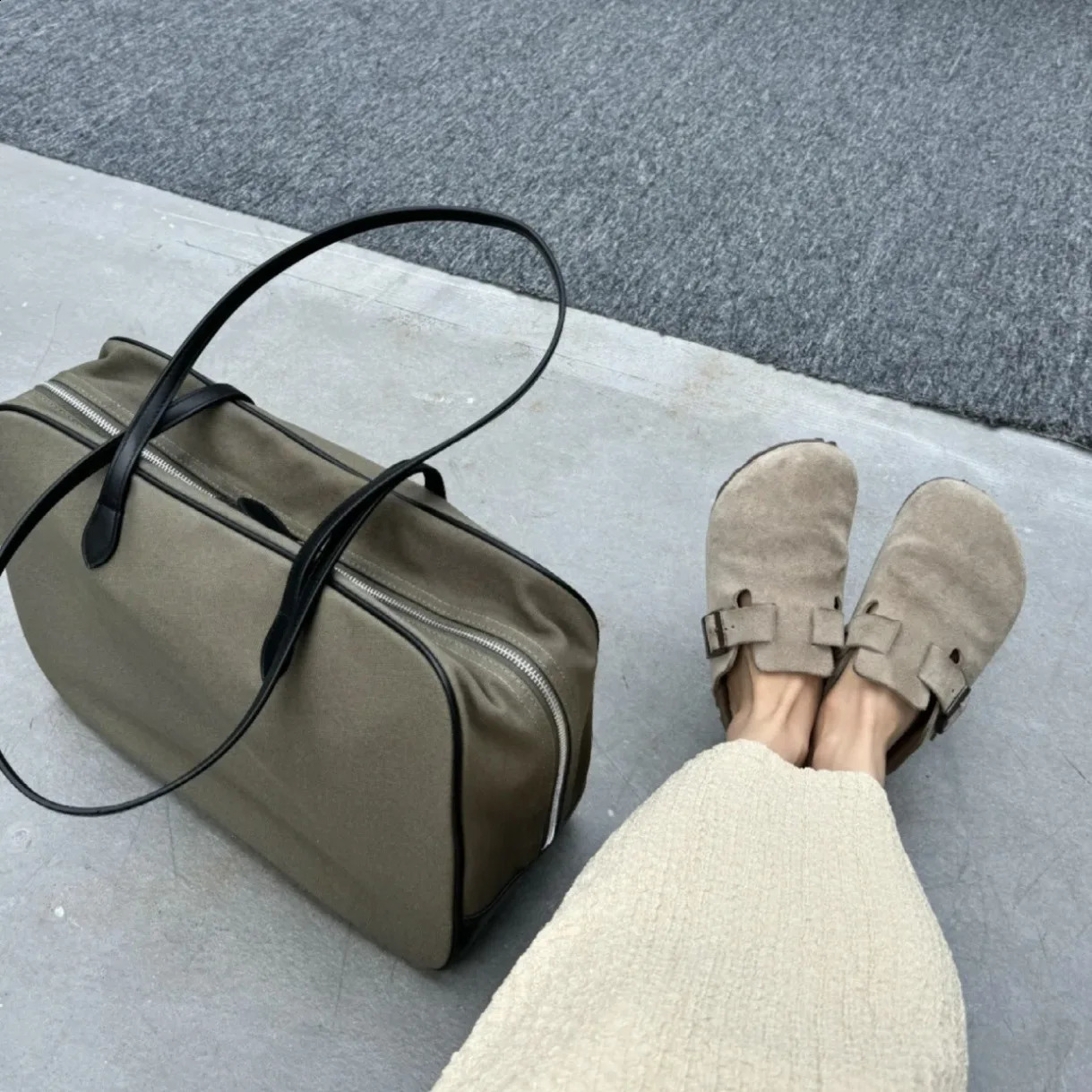 Boston Bags FIRMRANCH Minimalist Square Large Capacity Boston Bag Army Green Canvas Cowhide Womens Single Shoulder Underarm Purse 240726