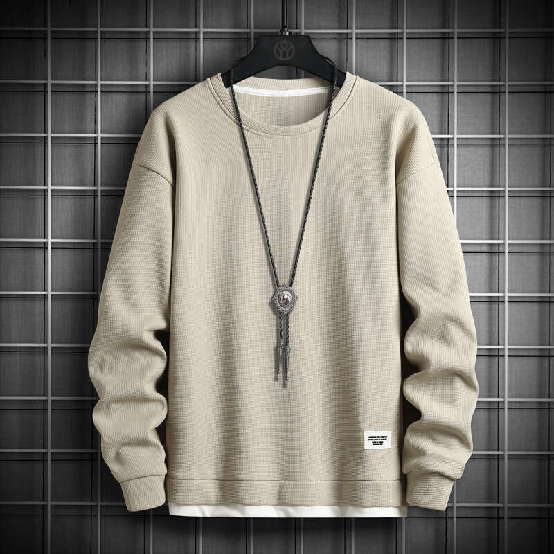 Sweatshirt Men's Trendy Brand Waffle Fake Two Pieces 2024 Spring and Autumn New Item for Teenagers Loose Round Neck Long Sleeved T-shirt Men Hodd