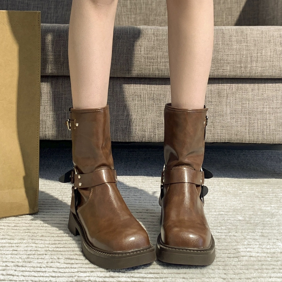 Ladies' British style retro square toe short boot sleeve