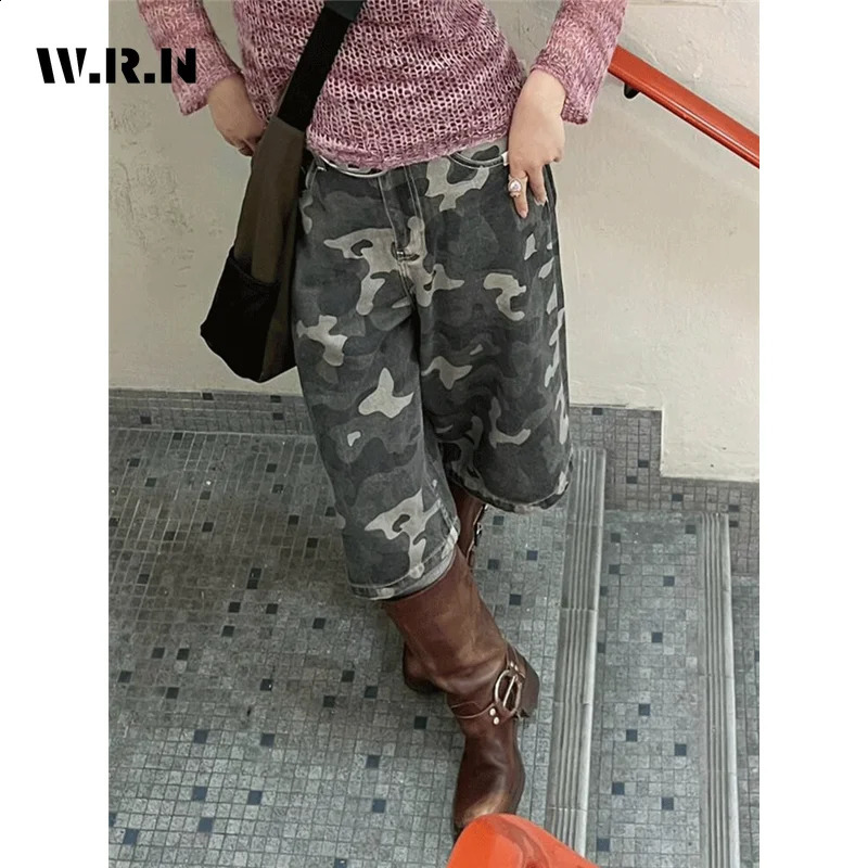 American Vintage Camouflage Trashy Jeans Summer Womens Casual Baggy Y2K Shorts Wide Leg Grunge Street Style Denim Shorts 240717