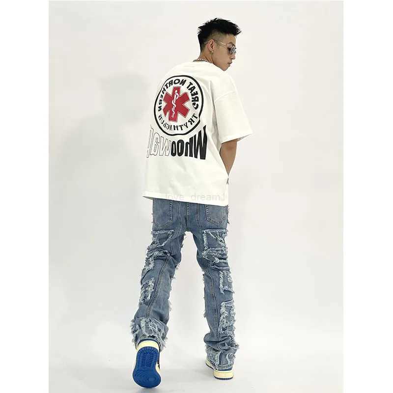 Patchwork Tie Dye Jeans Men Casual Washed Straight Pants Streetwear Ripped Hole Baggy Harajuku Men Denim Trousers Z240912