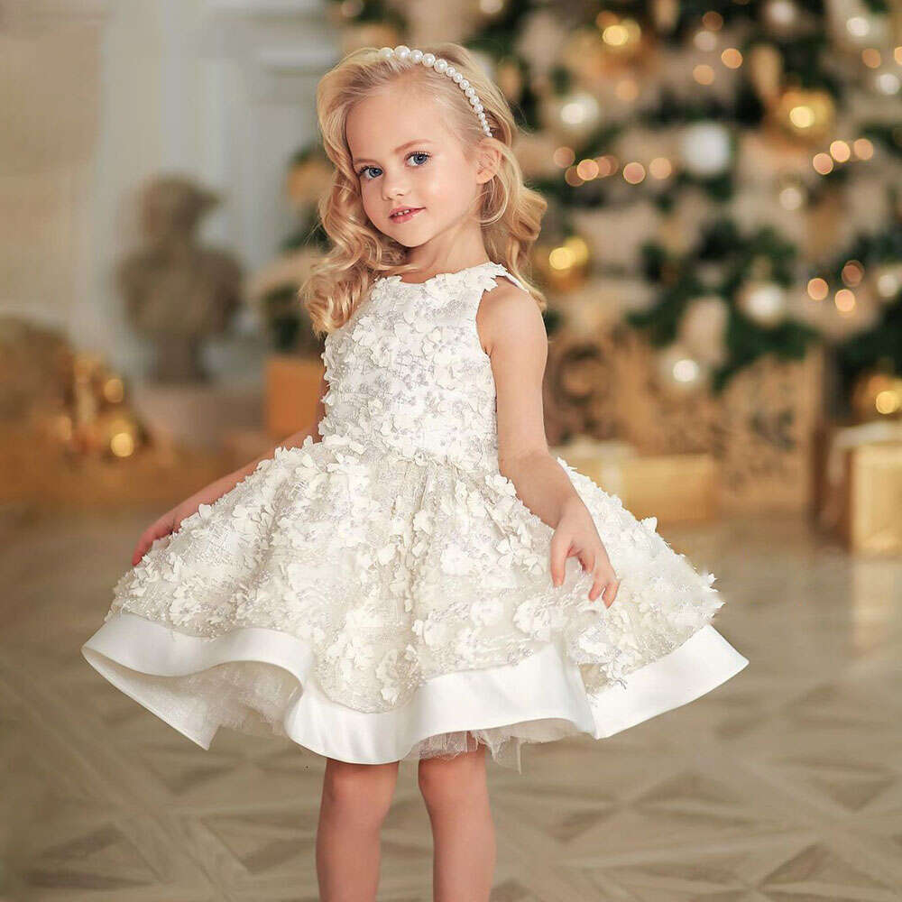 Ivory Wer Girl For Wedding Sleeveless 3D Applique Mini Puffy Kid Birthday Princess Dress First Communion Ball Gowns 0220
