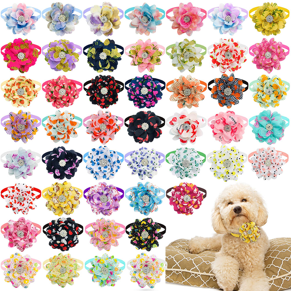 New 50PCS Flower Bowties For Dogs Fashion Diamond Pet Dog Bow Tie Collar Summer Dog Pet Grooming Accessories For Small Dogs
