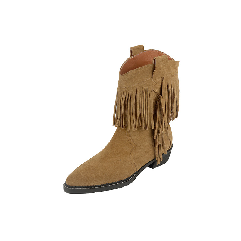 Ladies' pointed toe thick heel tassel design short boots