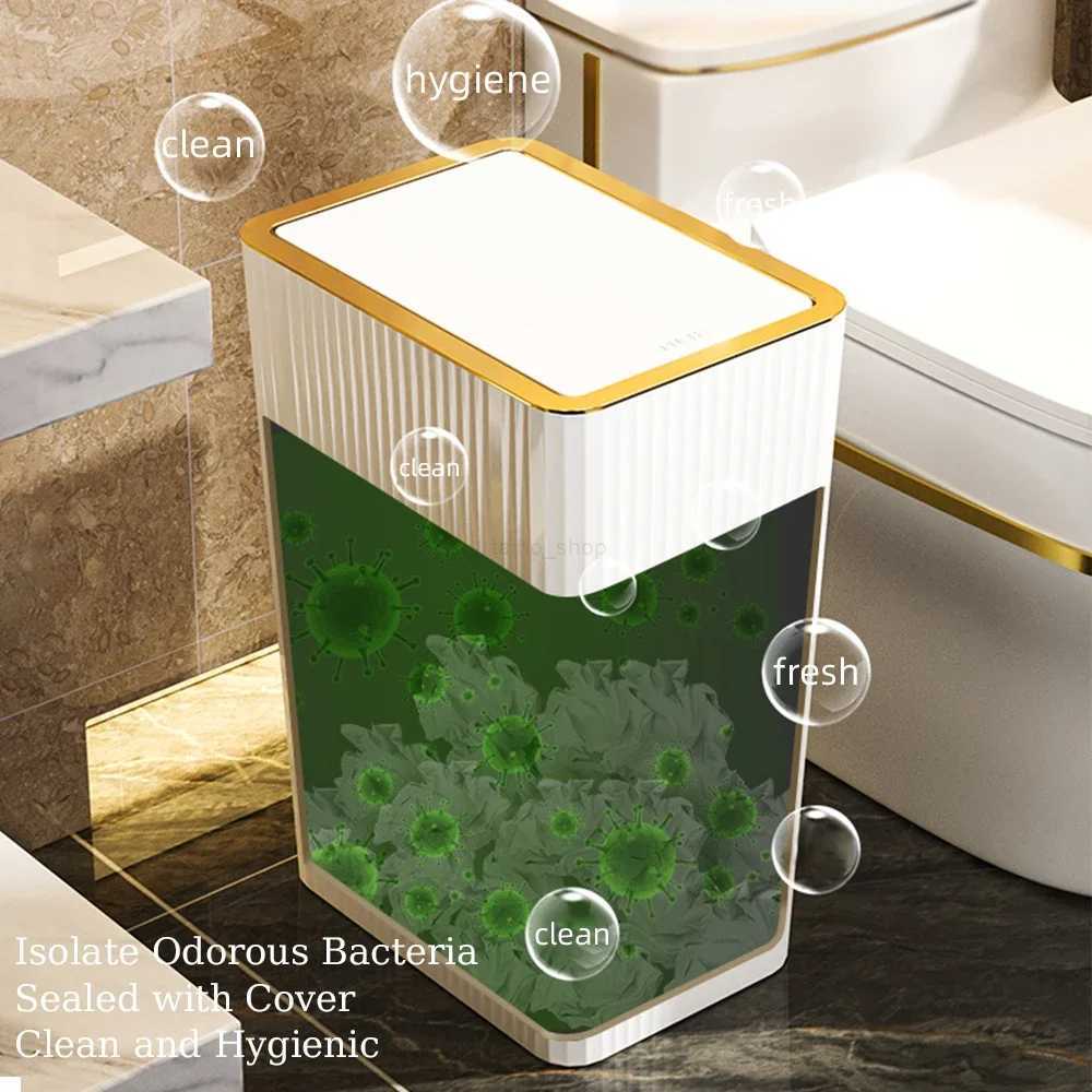15L Nordic Gold Bathroom Trash Can Covered Slim Trash Can with One-Touch Lid for Bathroom Toilet Living Room Kitchen BedroomB240726
