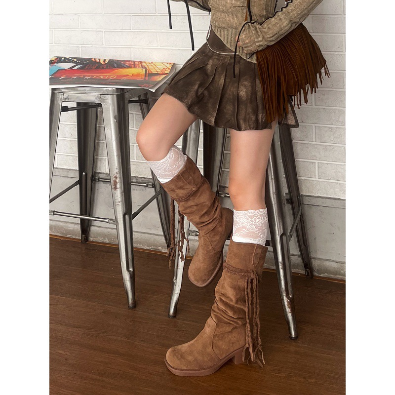 Ladies' autumn and winter brown fringed boots