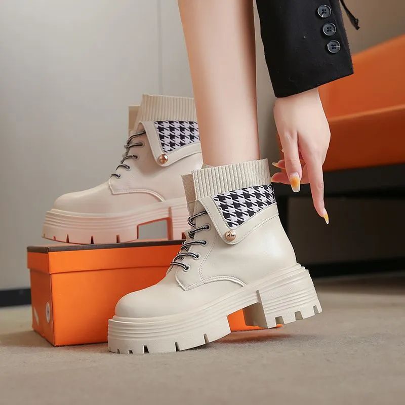 Ladies' British style lace up round toe thick heeled short boots