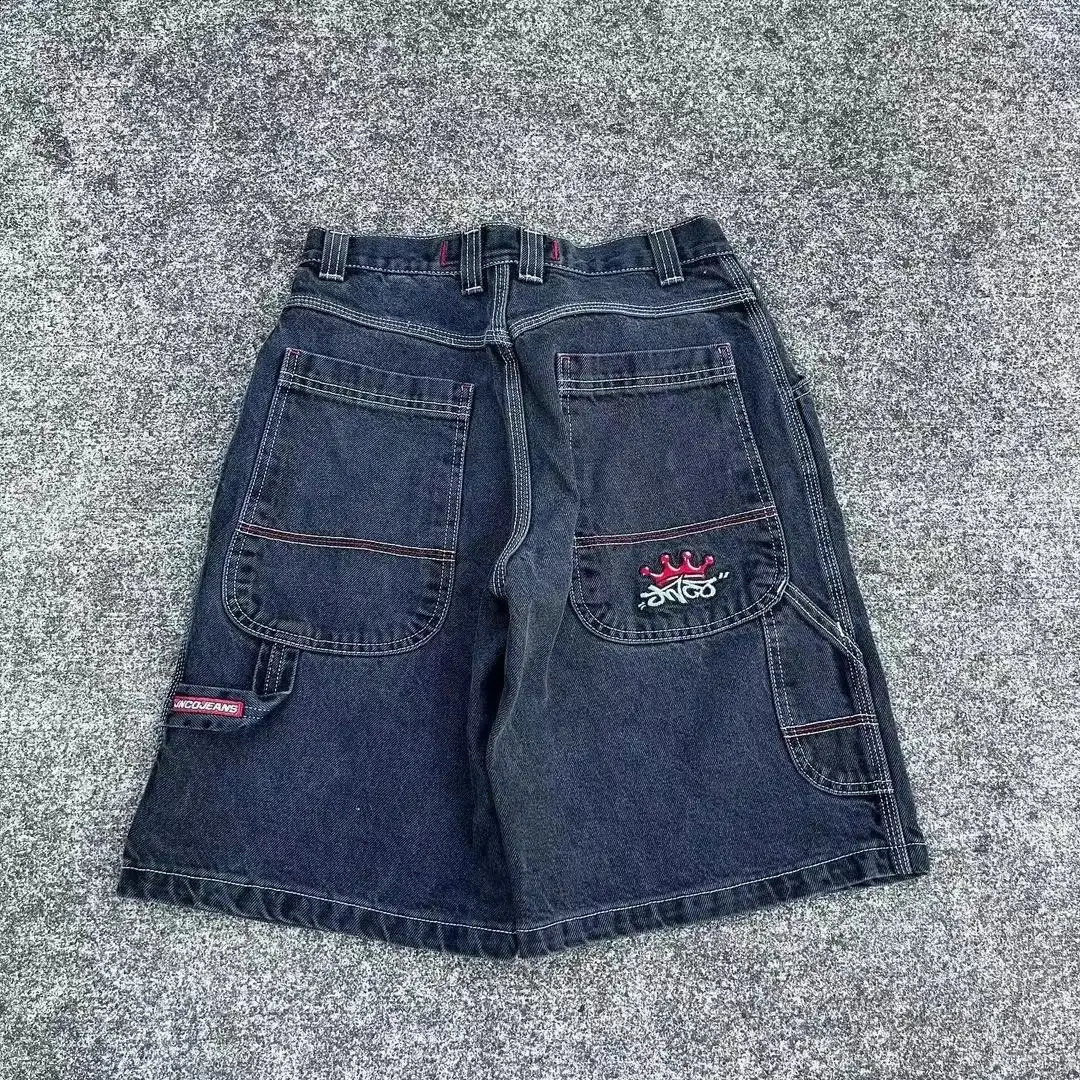 2024 Summer Retro Shorts Hip-Hop Jeans Y2K Pocket Letter Print Jeans Mens Trendy Personalized Shorts Summer Knee-length Pants 240716