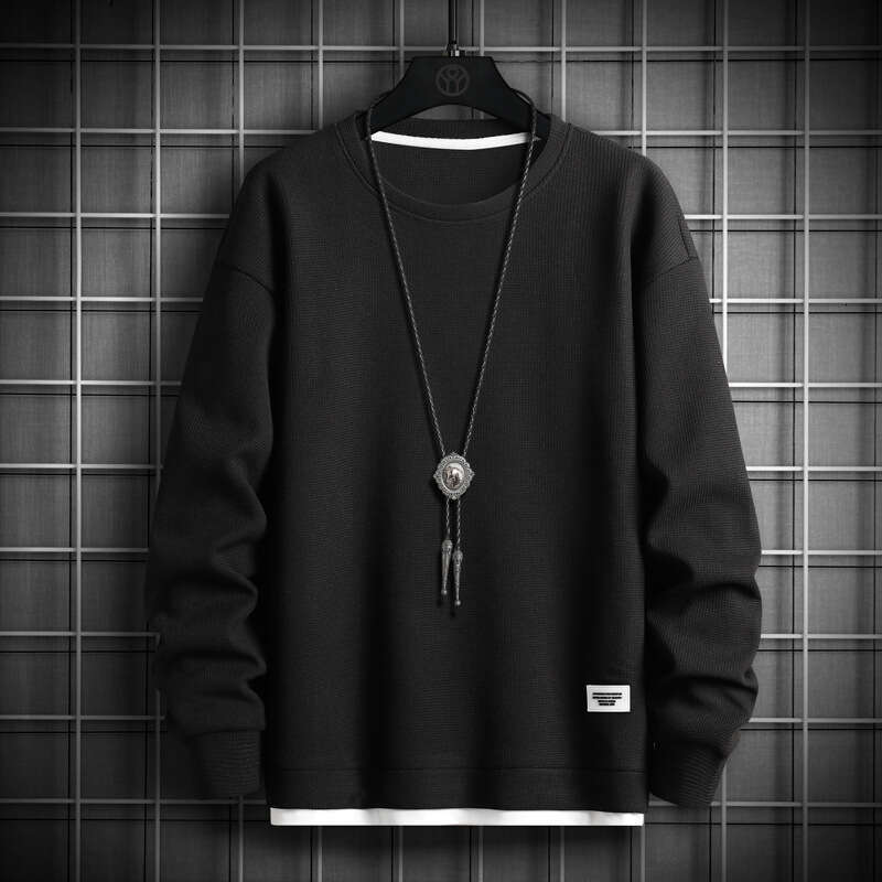 Sweatshirt Men's Trendy Brand Waffle Fake Two Pieces 2024 Spring and Autumn New Item for Teenagers Loose Round Neck Long Sleeved T-shirt Men Hodd