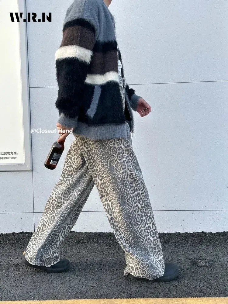 Womens American Vintage Leopard Print Washed Thin Jeans Street Casual Neutral Style DenimTrousers High Waist Straight Pants y240924