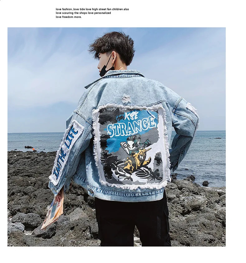Fashion Patchwork Denim Jacket for Men Vintage Distressed Holes Hip Hop Jean Jackets Coat Harajuku Streetwear Outerwear 240726