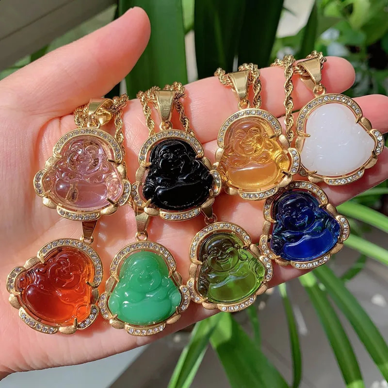 Punk Rock Stainless Steel Jewelry Crystal Buddha Pendant Necklace for Women Men Colorful Lampwork Quartz Stone Pendulum Necklace 240723