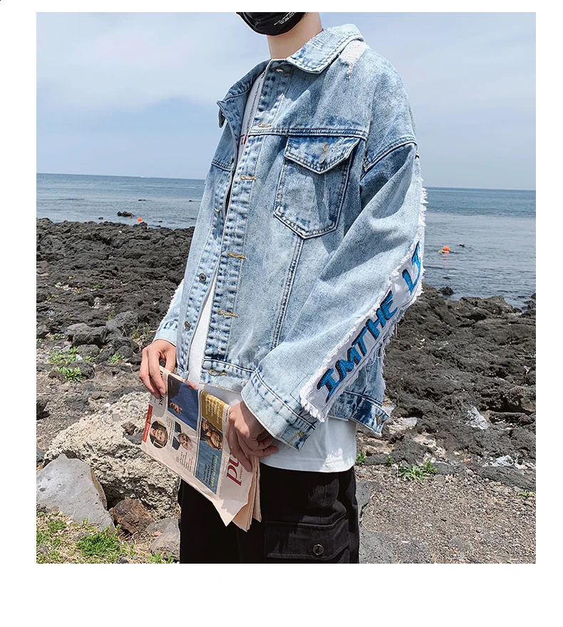 Fashion Patchwork Denim Jacket for Men Vintage Distressed Holes Hip Hop Jean Jackets Coat Harajuku Streetwear Outerwear 240726