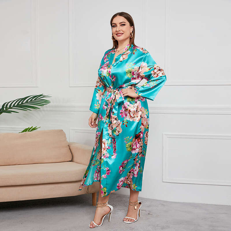 Oversized womens long nightgown skirt imitating silk printed home clothes can be worn externally