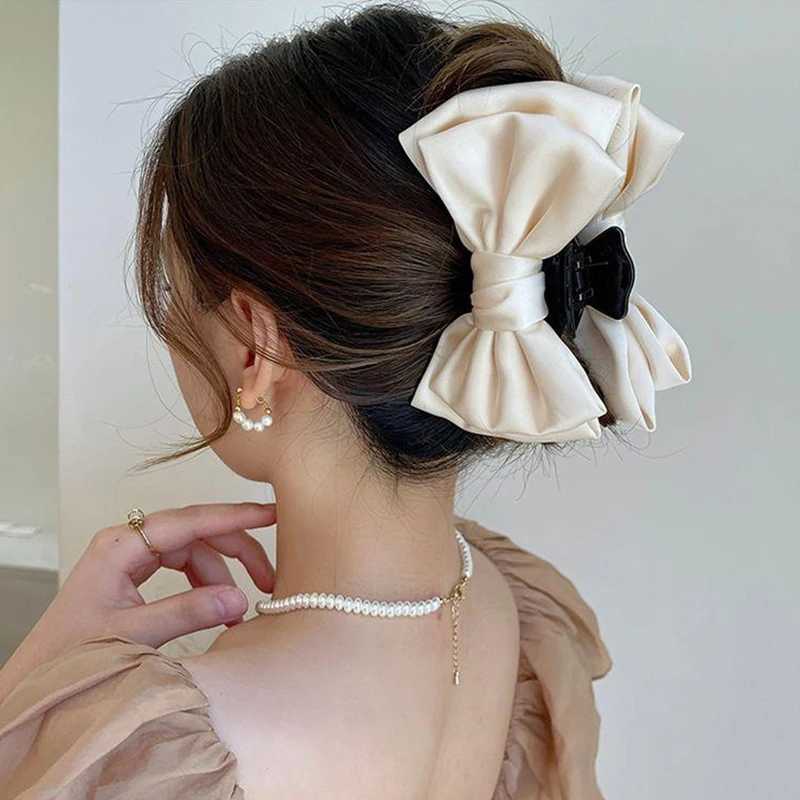 Black Double-sided Bow Clip Women Large Satin Shark Hair Claw Solid Bowknot Hairpin Barrettes Headbands Fashion Hair AccessoriesL240727