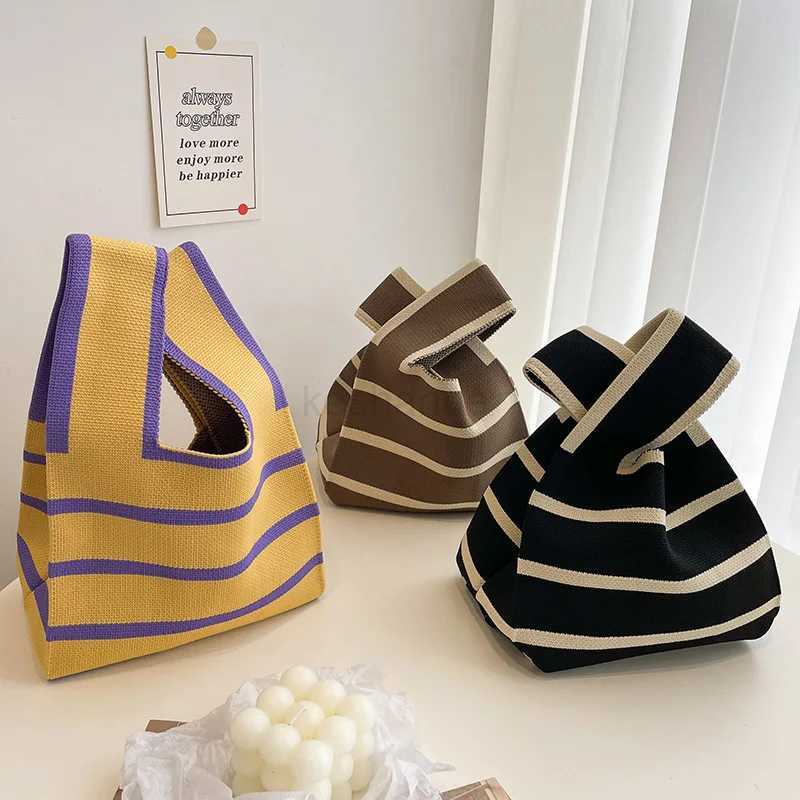 Handmade Knit Handbag Women Mini Knot Wrist-bag Female Casual Color Wide Stripe Plaid Tote Bag Student Reusable Shopping BagXJ240727