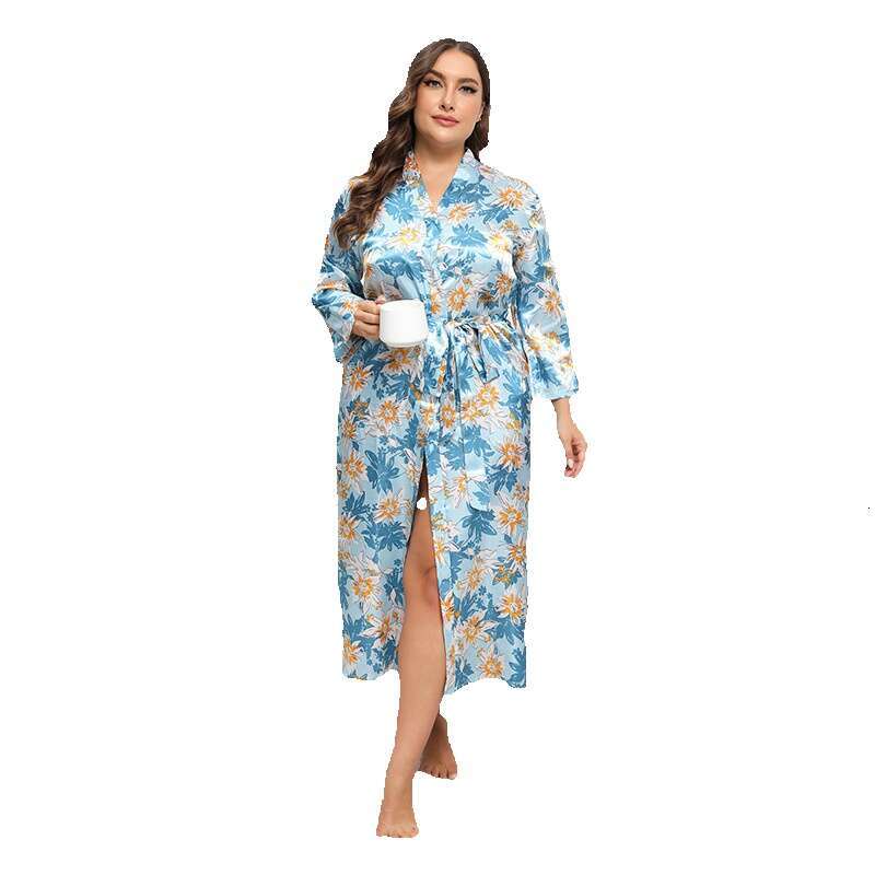 Hot selling oversized colored Ding pamas for women imitation silk printed long sleeved home clothing cardigan can be worn externally