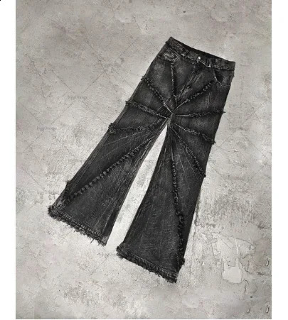 Y2K Destroyed Stitching Jeans Mens Black Laundry Gothic Style Trend Clothing Retro Loose Wide Leg Pants Fall Guys 240809