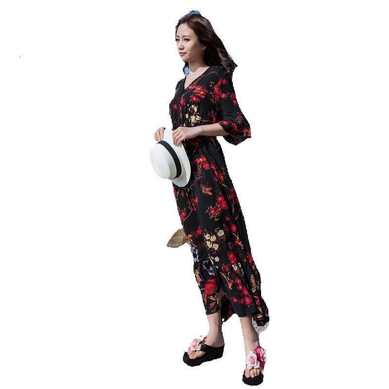 Chiffon Womens Summer Lotus Leaf Mid Sleeve Fragmented Flower with Fat Plus Size Loose Flare Skirt Holiday Beach Long Dress Pregnant Womens Dress