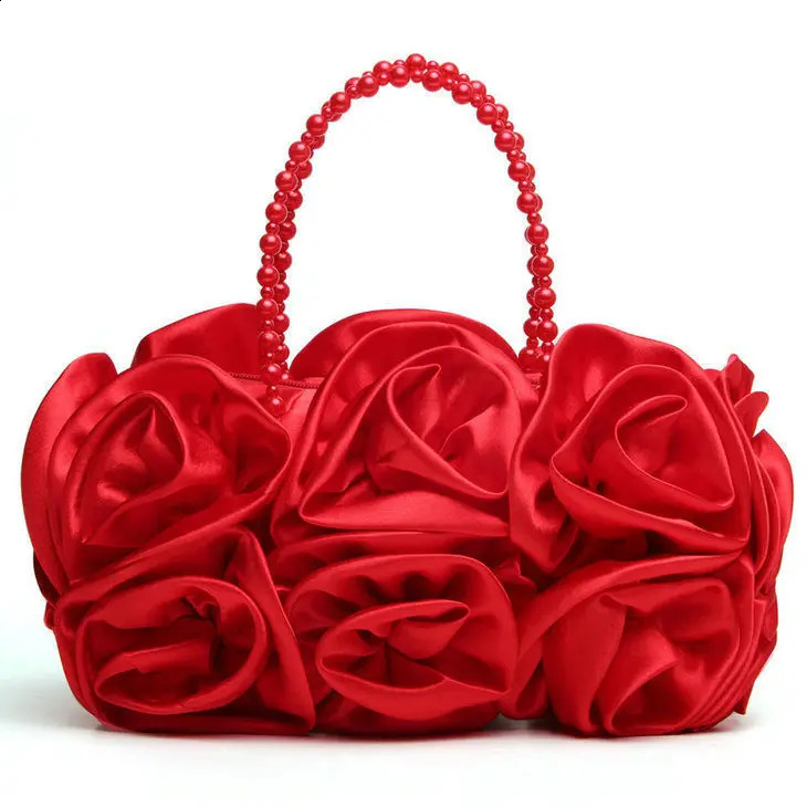DHlanhai Boutique De FGG Red Flower Rose Bush Women Satin Evening Purse Beaded Handle Tote Bag Wedding Handbag Bridal Clutch 240726