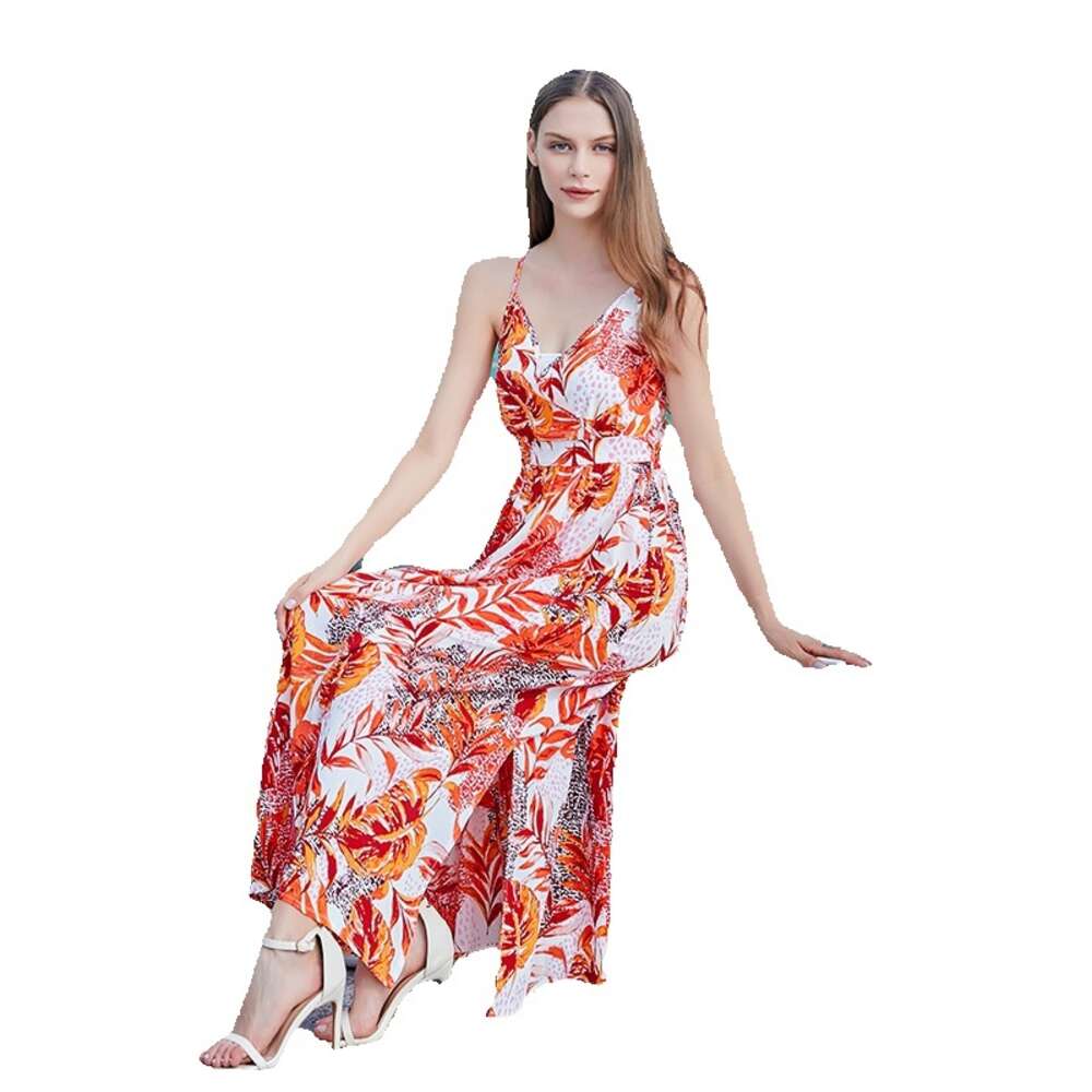 Hot Selling Latin American Camisole Backless Dress for Women with Bohemian Style Printed V-neck Slit Long Skirt Temperament Waist Oversize Dress Lace 