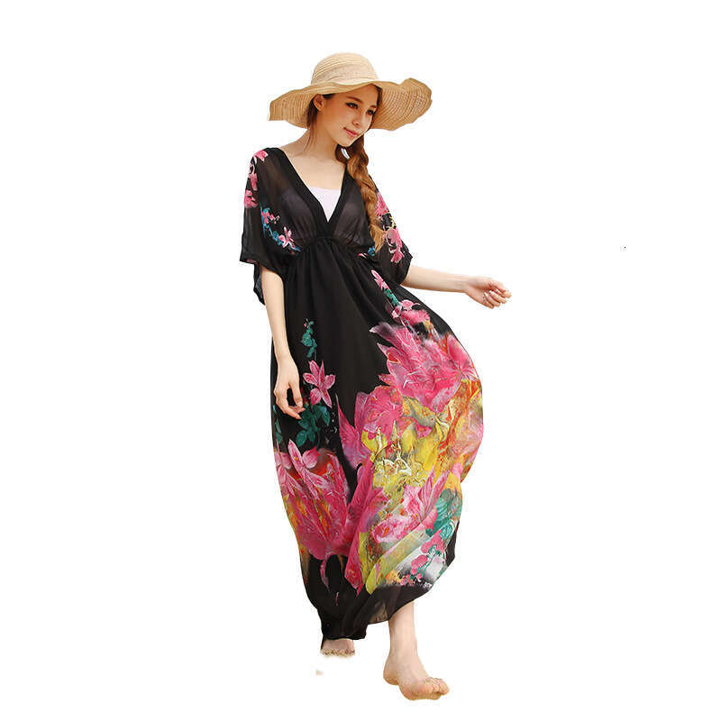Fashionable Dress Seaside Vacation Oversized Beach Skirt Chiffon Floral Short Sleeved V-neck Dress Short Waist Novelty Pregnant Womens Dress