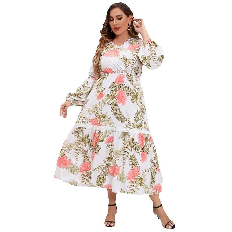 Hot Selling Spring and Autumn Patchwork V-neck Dress Womens Lace Print Chubby MM Large Long Skirt Waist Loose Short Bifurcated Sexy Silk Dress Denim D