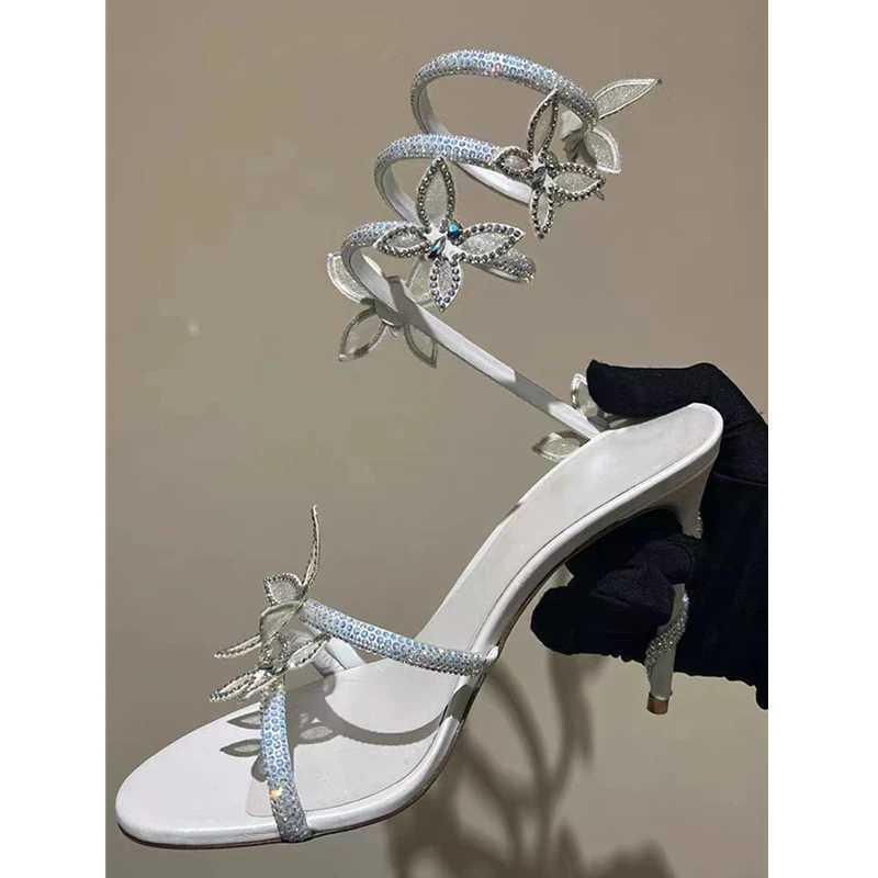 New Arrival Crystal Embossed Butterfly Detail Womens Sandals Sexy Roll Belt High Heels Gladiator Sandals Summer Party Ball Shoes T250409