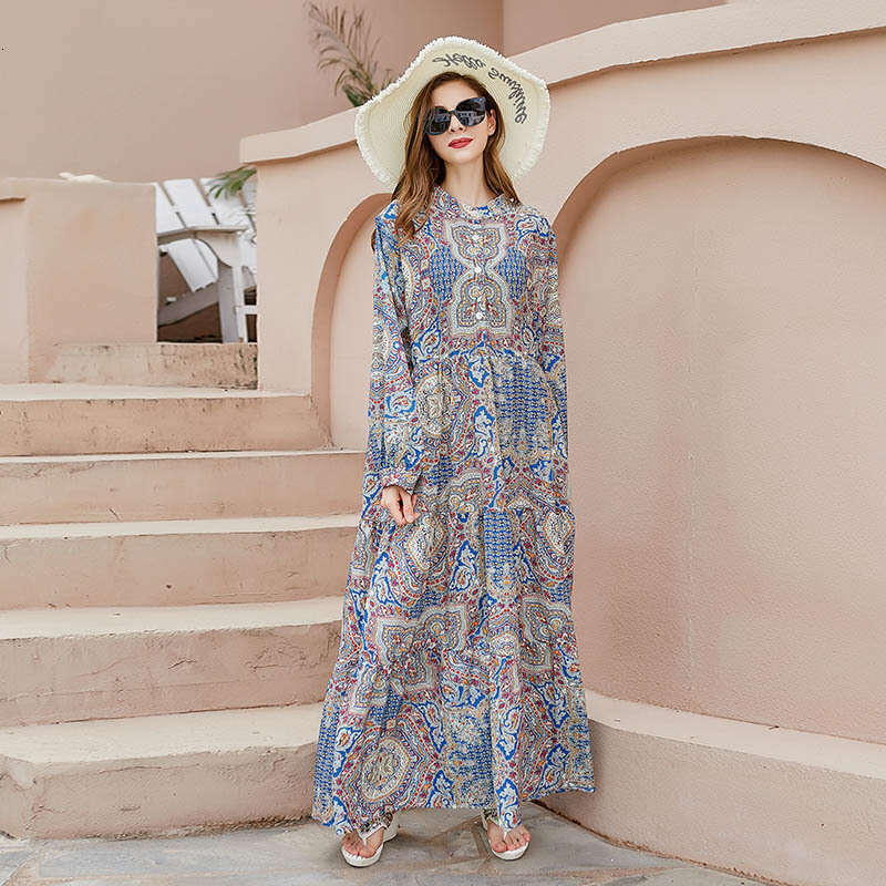 Bohemian Spring New Temperament Sleeved Plus Size Dress Womens Print Forest Style Fat Mm Can Be Worn Long Loose Bifurcated Novelty Waist Silk Dress BO