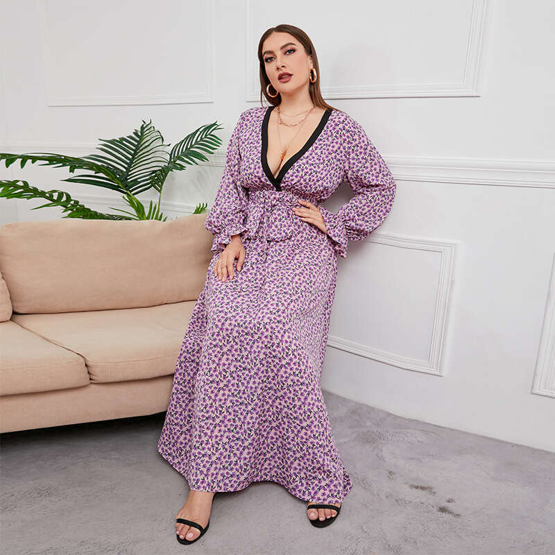Large Size Chubby Mm Chiffon Dress with Floral Hem V-neck and Long Sleeves Weighing 200 Pounds Can Be Worn Fishtail Dress Loose Sexy Denim Dress