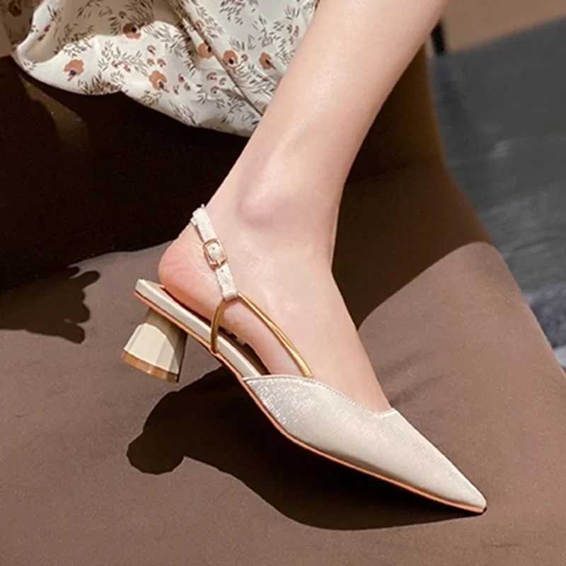 High Quality Summer Pointed Sole Silk Pump Womens Strap Buckle Thick Sole Sandals Womens Shallow Mouth Party Shoes T241024