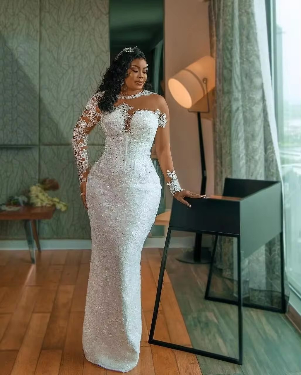 Modern White Full Lace Mermaid Wedding Dresses 2025 With Overskirt Train Sheer Neck Long Sleeves Plus Size Bridal Party Gowns