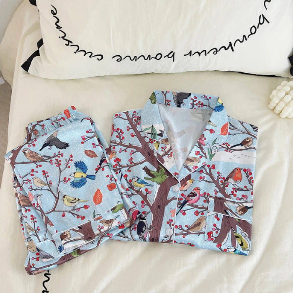 Floral Print Simulated Silk Women Sleepwear 2024 Spring Autumn China Style Ink Painting Classic Pajamas Loose Soft Lady Lounge 240726