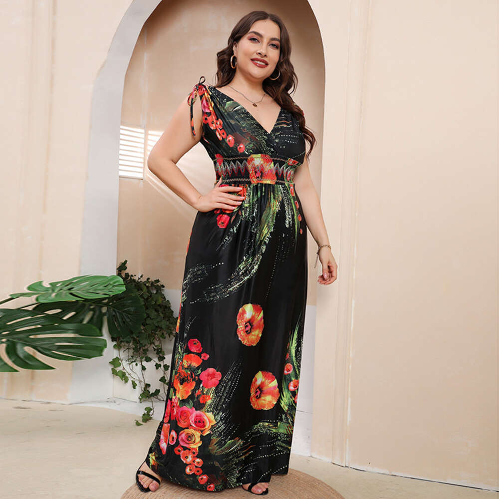 Hot Selling Plus Size Ice Silk Dress in Russia and the United States Long Printed with V-neck Elastic Waist Poppy Floor Length Skirt Waist Oversize Dr
