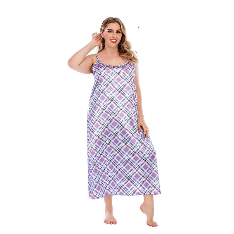 Large size home wear with imitation silk plaid sleeveless loose suspender dress weighing 200 pounds can be worn