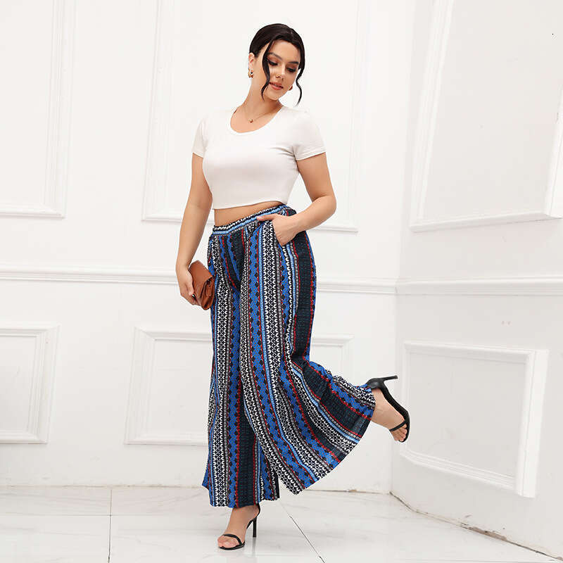 Hot Selling Oversized Wide Leg Bohemian Striped Blue Elastic Waist Pants Seaside Vacation Beach Pants Overalls Pants Trousers Cartoon Waterproof Trous