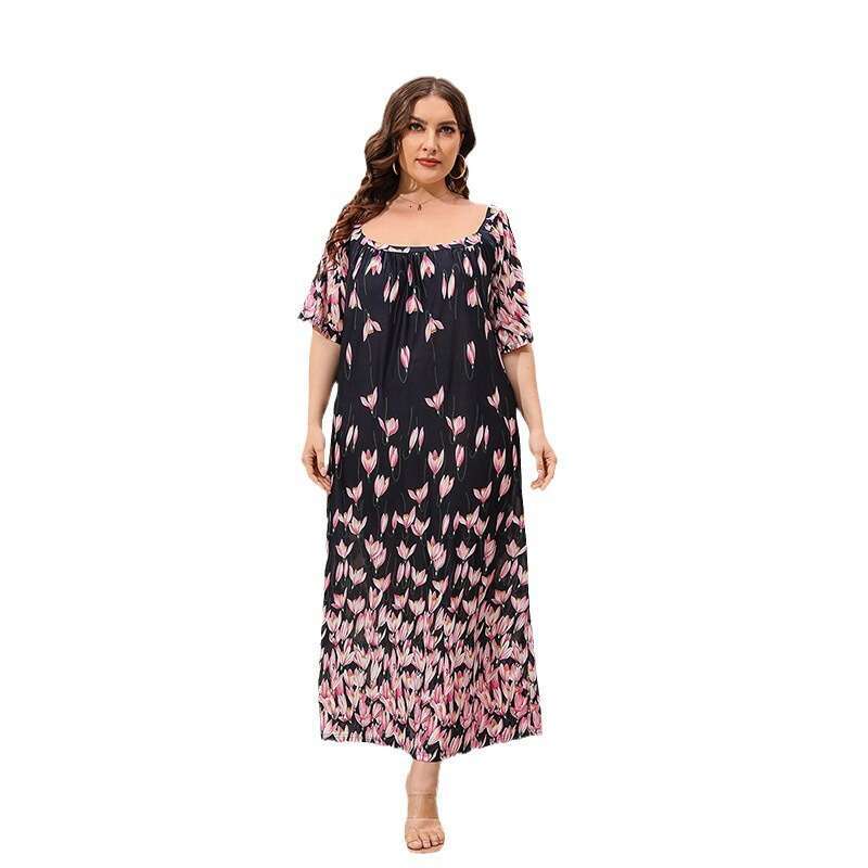 Hot selling oversized womens loose fitting home dress short sleeved floral long dress