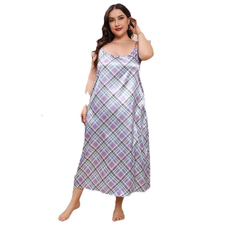 New Fat mm Large Home Fury Imitation Silk Purple Plaid Sleeveless Loose Sling Dress