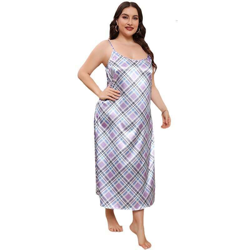 New Fat mm Large Home Fury Imitation Silk Purple Plaid Sleeveless Loose Sling Dress