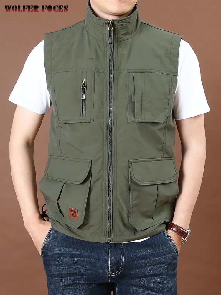 Mens thin tool loose quick drying vest mens outdoor sports jacket multi pocket stand up collar spring camping fishing 240827