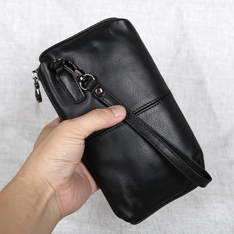 Genuine Leather Handbag For Mens Soft Retro Casual First Layer Cowhide Long Wallet With Large Capacity Zipper Phone Bag 240727