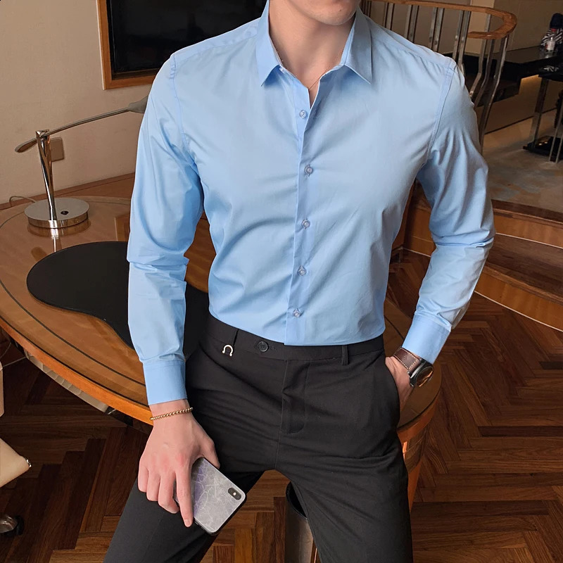 7 Colors Mens Business Fashion Solid Color Long Sleeve Shirt Classic Style Cotton Casual White Slim Fit Shirt Office Clothes 240822
