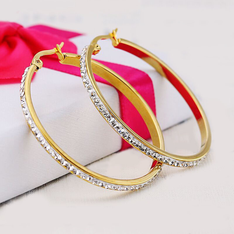18K Real Gold Plated Stainless Steel Big Hoop Earrings for Women Austrian Crystal Large Round Circle Hoops Earring Clip On Earrings Jewelry Gift 2MM 3 - view 7