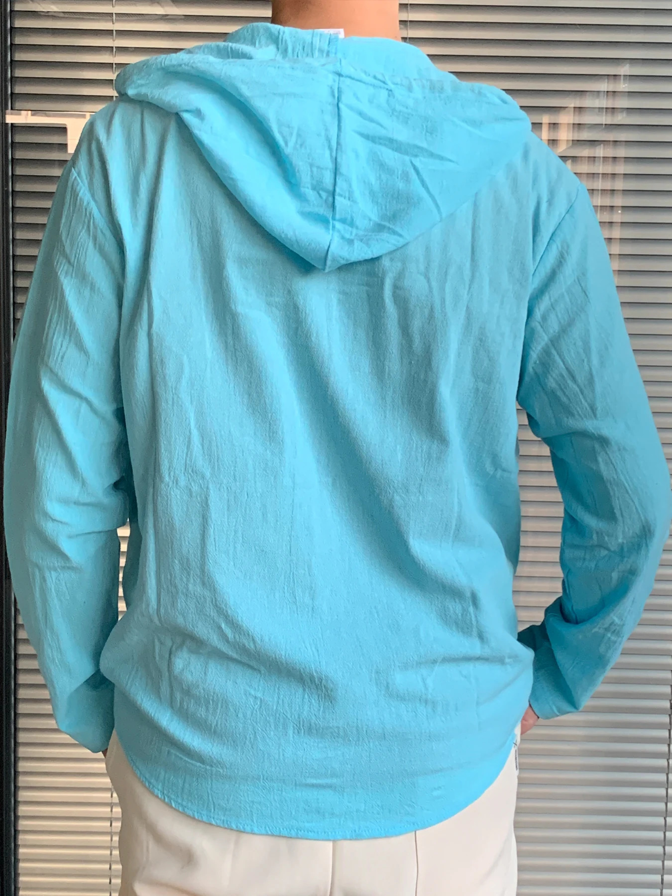 Mens lightweight linen beach shirt with hood short sleeved hippie casual button hooded Henry 240808